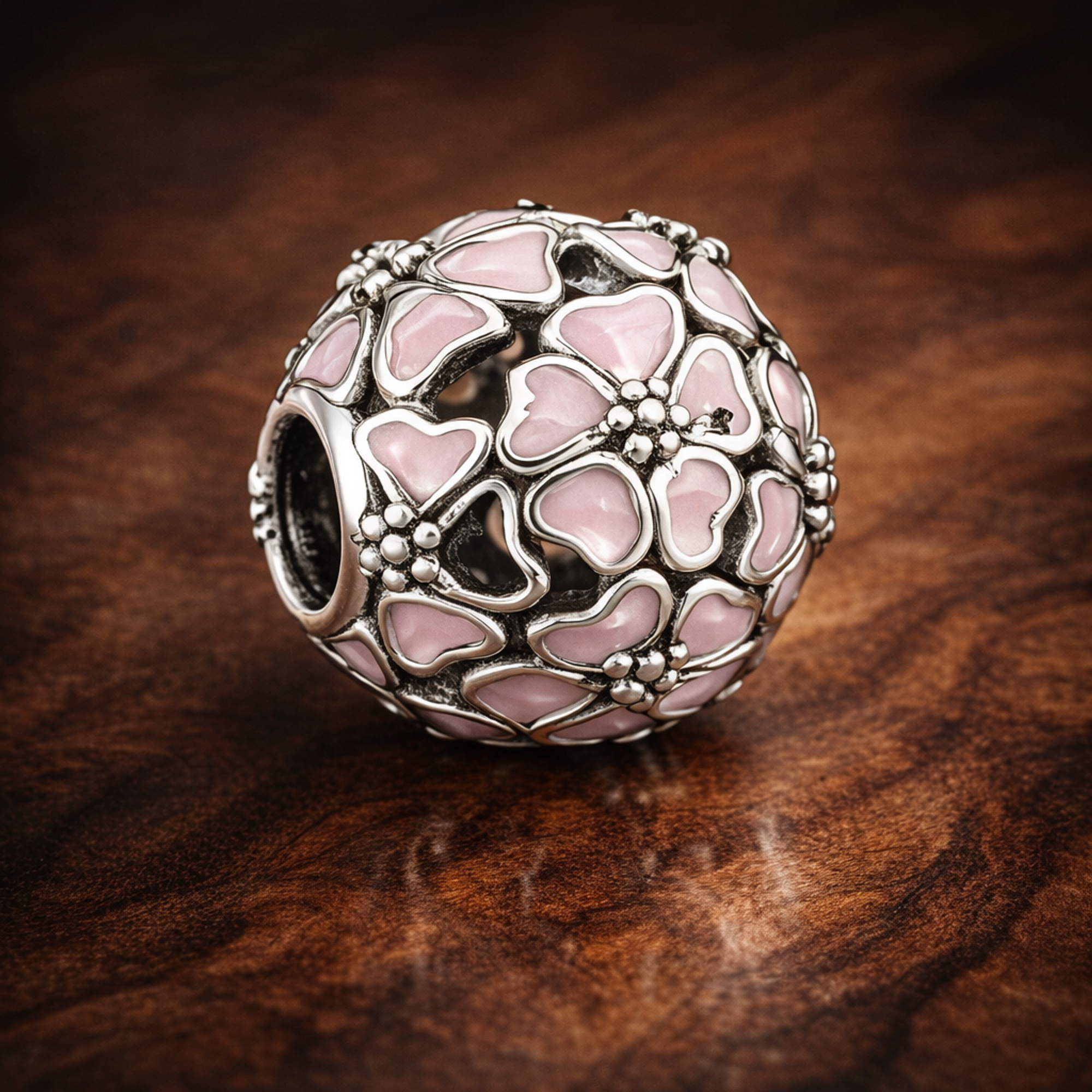 Pink Heart Openwork - Soft Pink Heart Cluster Charm — display on walnut