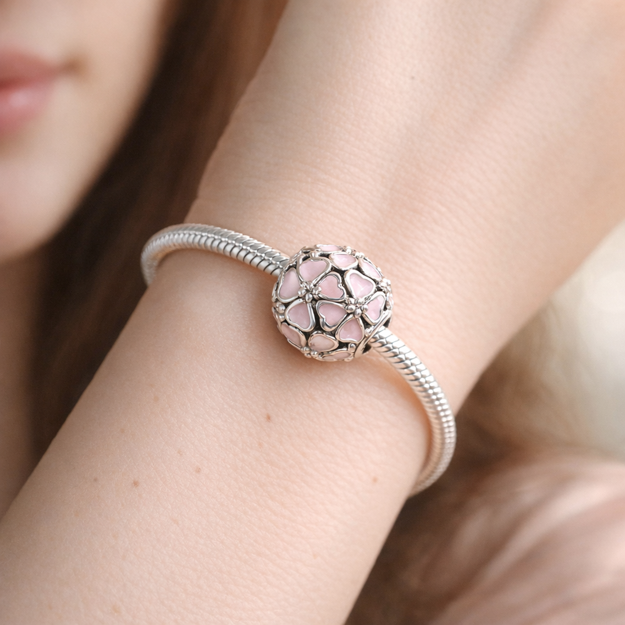 Pink Heart Openwork - Soft Pink Heart Cluster Charm — worn on wrist