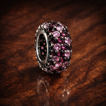 Magenta Pave Spacer - Raspberry Pink Crystal Spacer — display on walnut