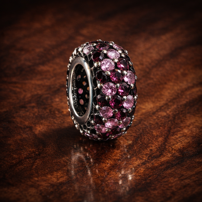 Magenta Pave Spacer - Raspberry Pink Crystal Spacer — display on walnut