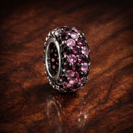 Magenta Pave Spacer - Raspberry Pink Crystal Spacer — display on walnut