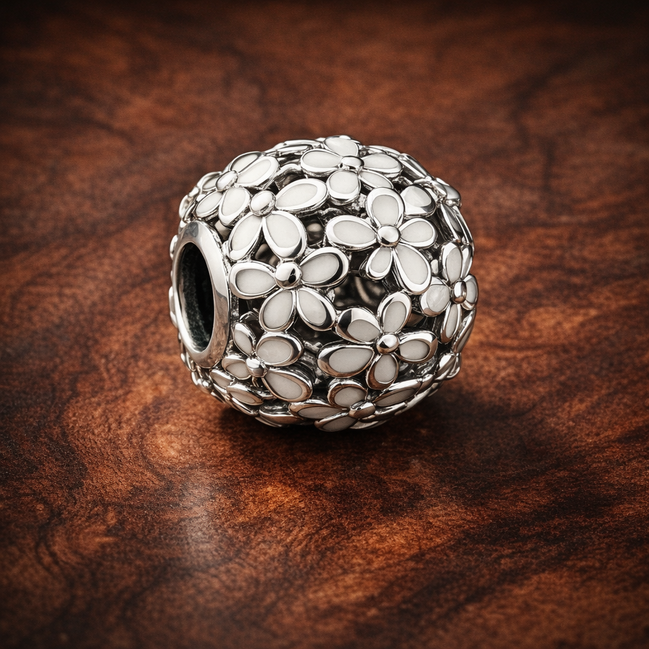 Silver Bubble Openwork - Polished Bubble Openwork Charm — display on walnut