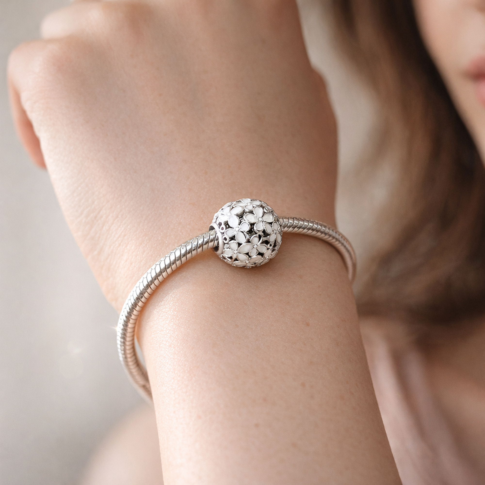 Silver Bubble Openwork - Polished Bubble Openwork Charm — worn on wrist