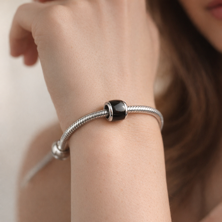 Polished Crescent Band - Minimal Silver Crescent Charm — worn on wrist