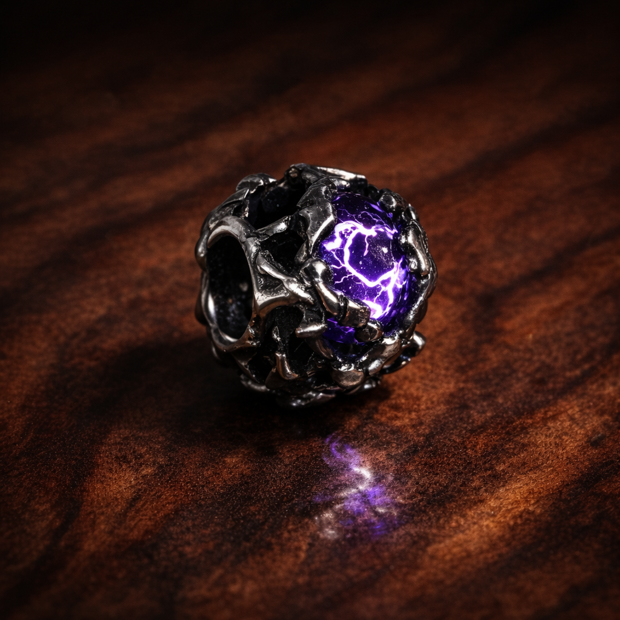 Purple Floral Accent - Purple Blossom Silver Accent Charm — display on walnut