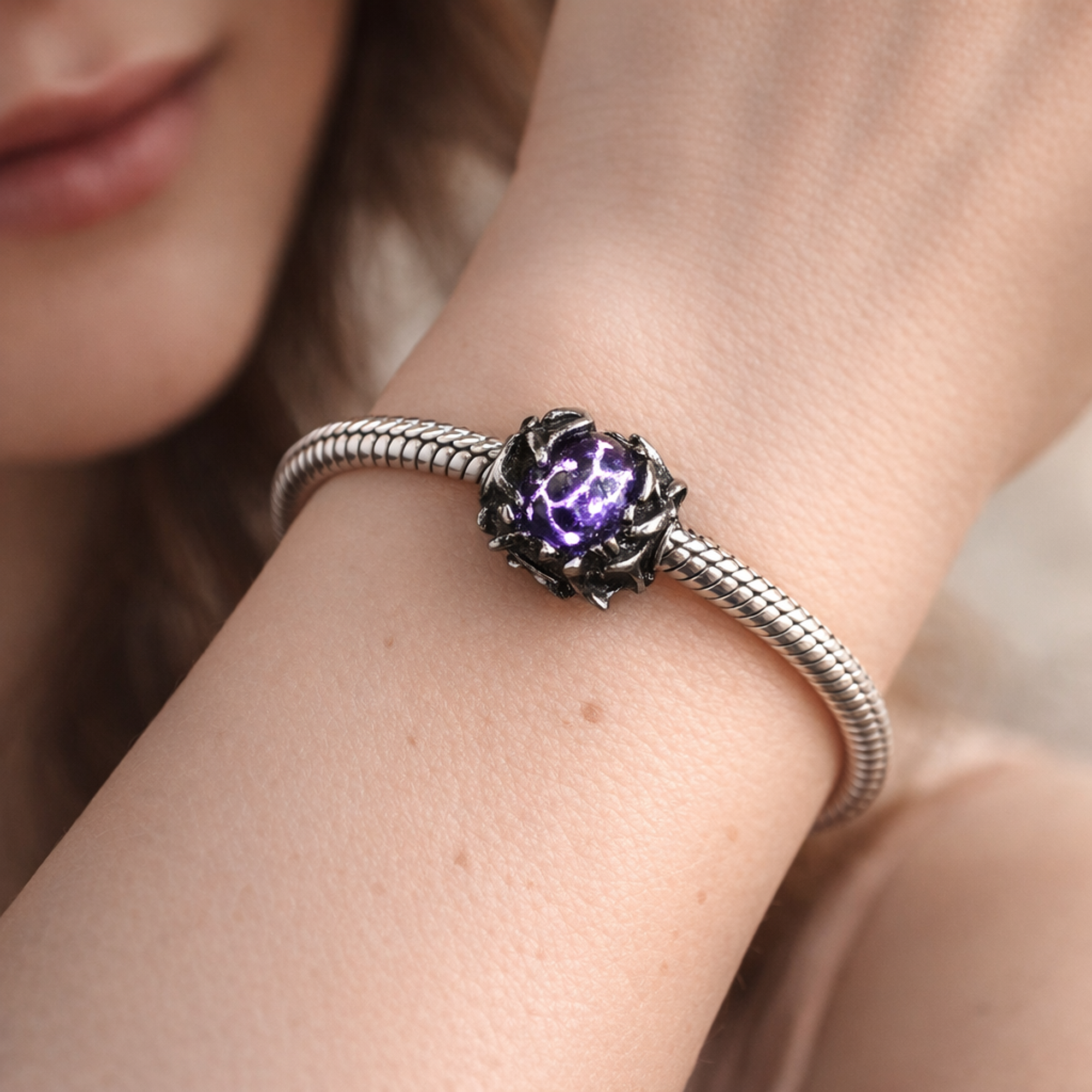 Purple Floral Accent - Purple Blossom Silver Accent Charm — worn on wrist