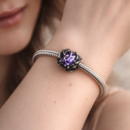 Purple Floral Accent - Purple Blossom Silver Accent Charm — worn on wrist