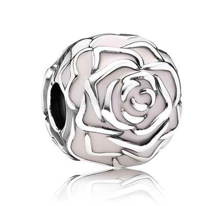 Sterling Silver Clip Charm with Pink Enamel Rose Design
