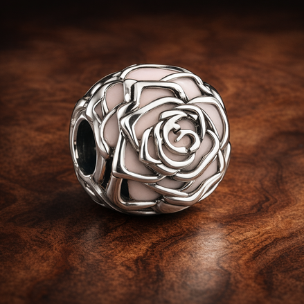 Silver Rose Openwork - Blush Rose Openwork Charm — display on walnut