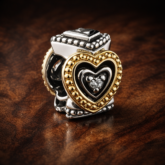 Heart Lock Key Charm - Golden Heart Lock Charm — display on walnut