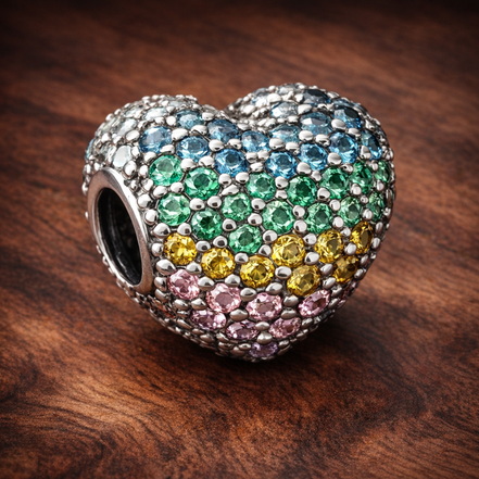 Rainbow Pave Heart - Rainbow Crystal Heart Charm — display on walnut