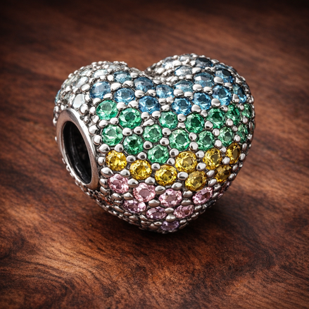 Rainbow Pave Heart - Rainbow Crystal Heart Charm — display on walnut