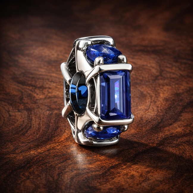 Blue Baguette Stone Spacer - Cobalt Baguette Crystal Spacer — display on walnut