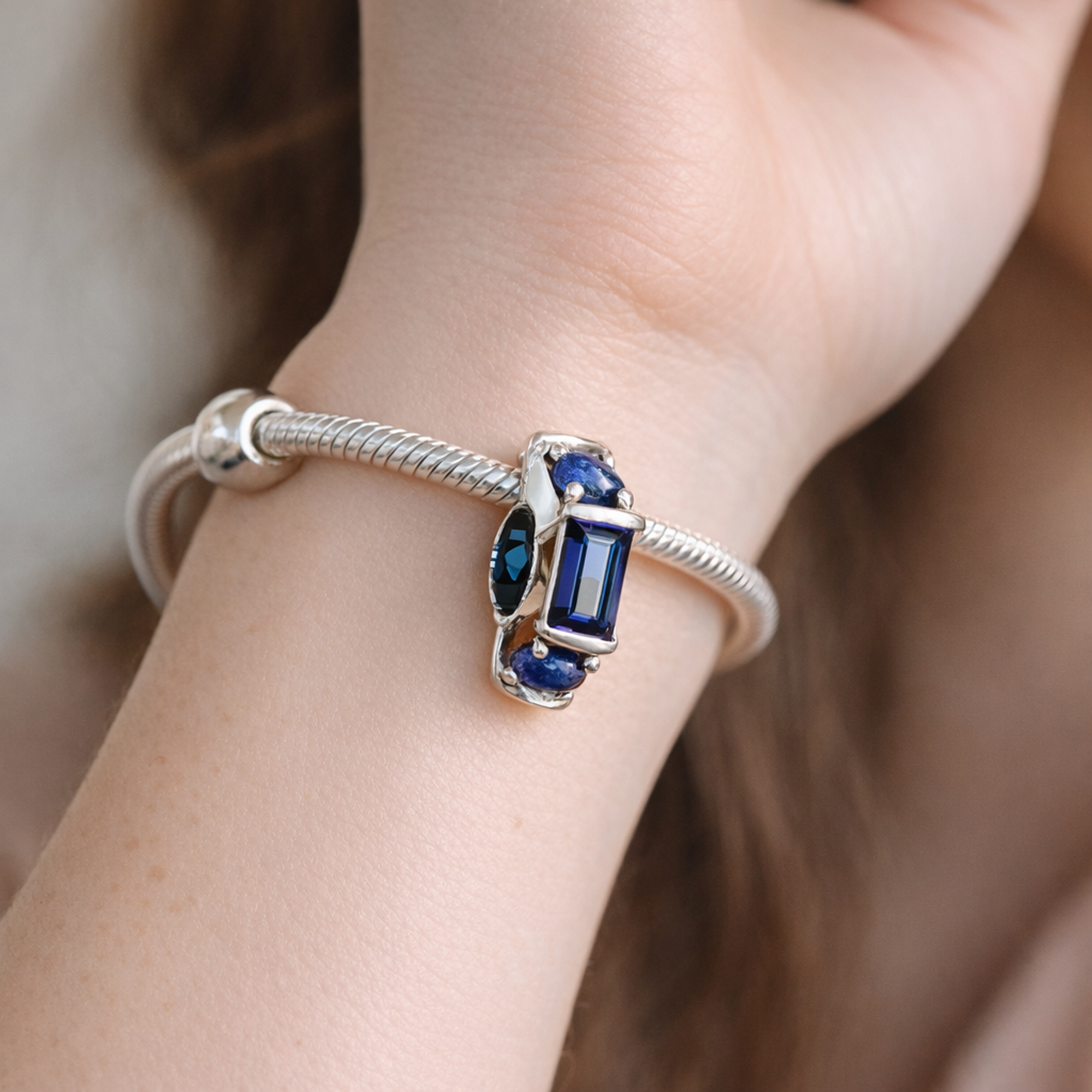 Blue Baguette Stone Spacer - Cobalt Baguette Crystal Spacer — worn on wrist