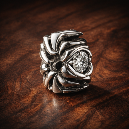 Swirl Pattern Spacer Heart Stone - Sterling Silver Swirl Pattern Spacer Charm With Heart Stone — display on walnut