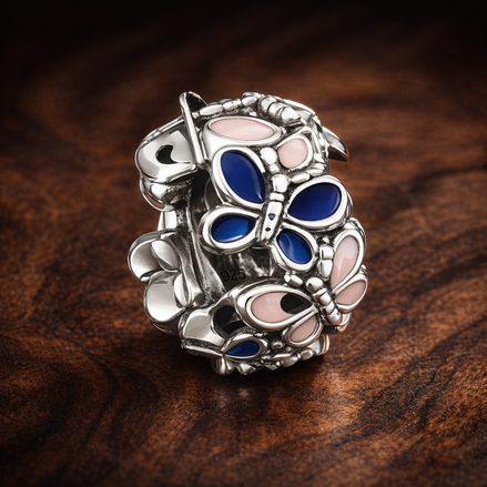 Butterfly Garden Spacer - Sterling Silver Enamel Butterfly Garden Spacer Charm — display on walnut