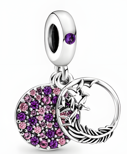 Sterling Silver Moon and Disc Dangle Charm with Purple and Pink Stones