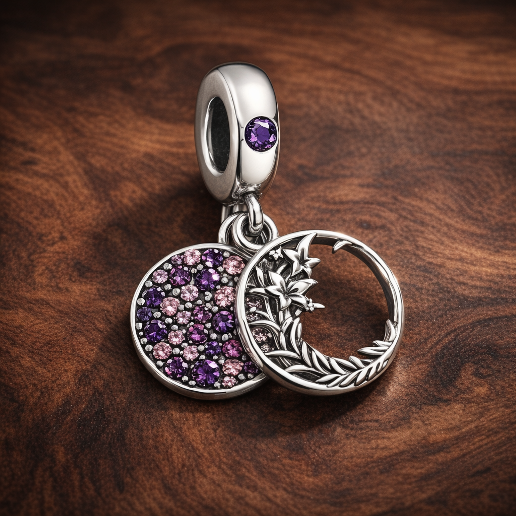 Purple Pink Disc Dangle - Purple Pink Celestial Disc Dangle — display on walnut