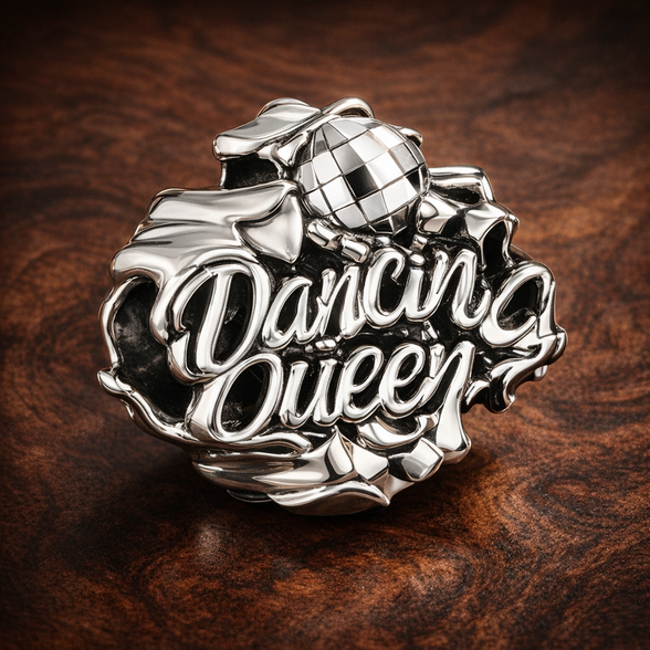 Dancing Queen Script - Dancing Queen Silver Charm — display on walnut