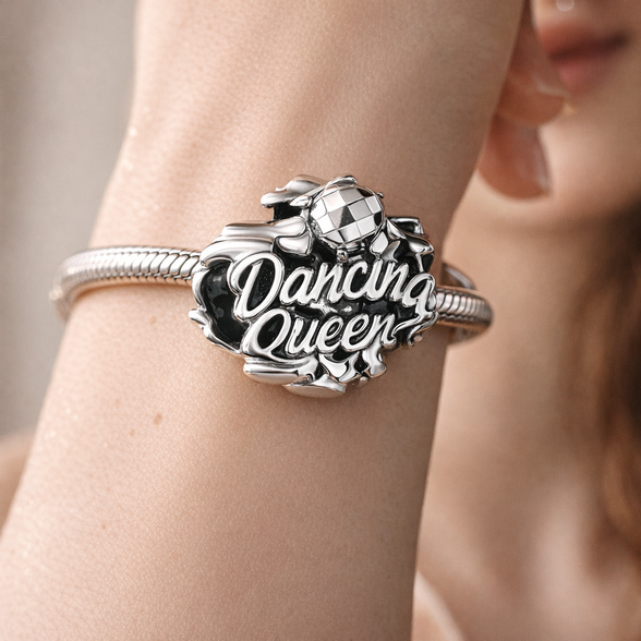Dancing Queen Script - Dancing Queen Silver Charm — worn on wrist