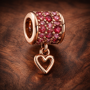 Red Pave Heart Dangle - Rose-Gold-Plated Red Heart Dangle — display on walnut