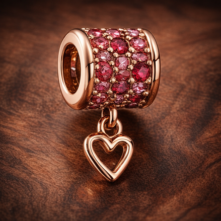 Red Pave Heart Dangle - Rose-Gold-Plated Red Heart Dangle — display on walnut