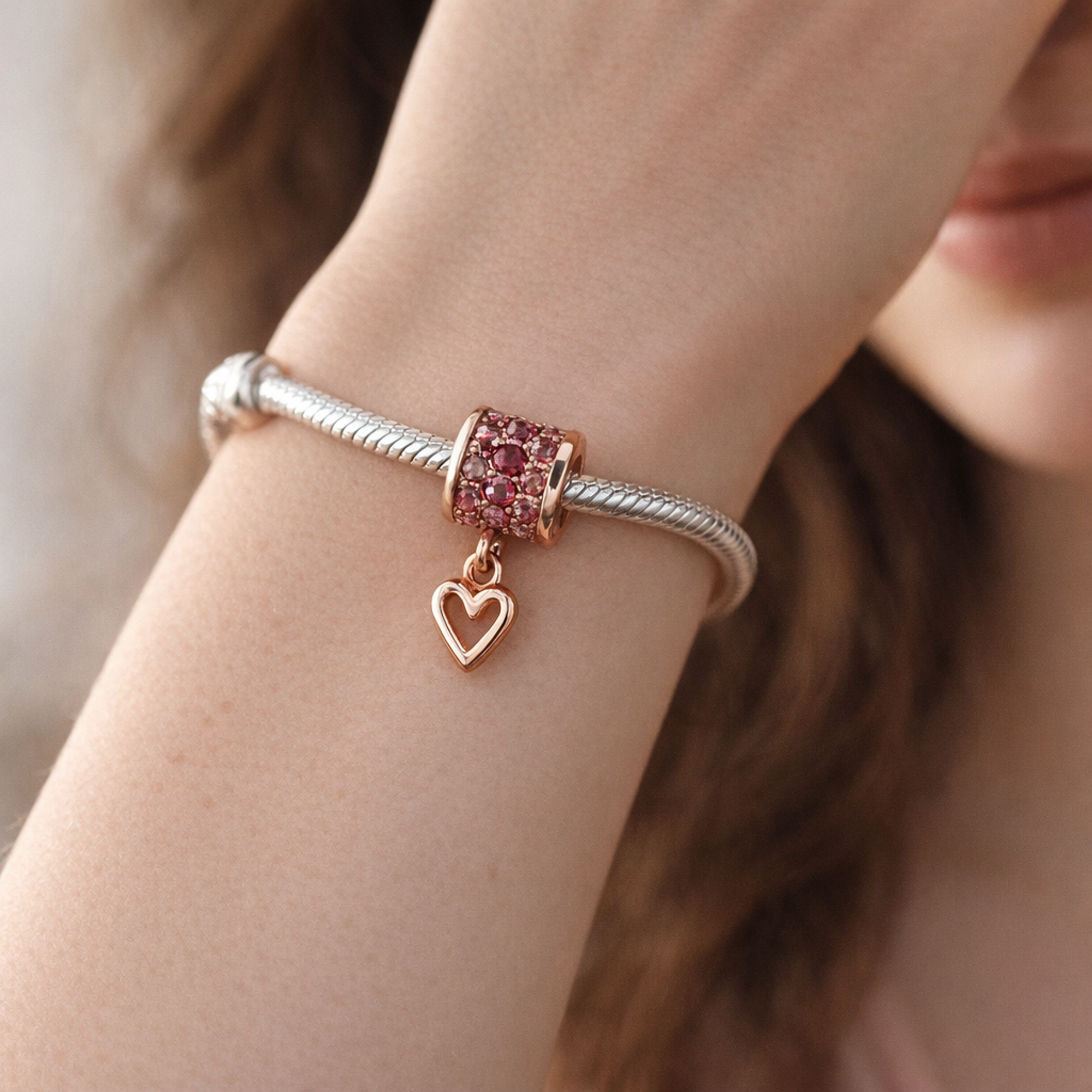 Red Pave Heart Dangle - Rose-Gold-Plated Red Heart Dangle — worn on wrist