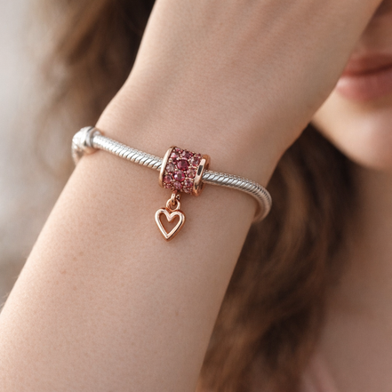 Red Pave Heart Dangle - Rose-Gold-Plated Red Heart Dangle — worn on wrist