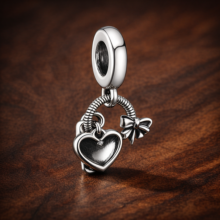 Pandora Shopping Bag Dangle Charm — display on walnut