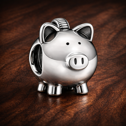 Silver Piggy Bank - Polished Piggy Bank Charm — display on walnut
