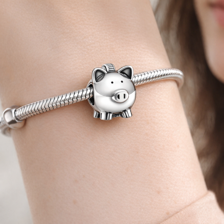 Silver Piggy Bank - Polished Piggy Bank Charm — worn on wrist