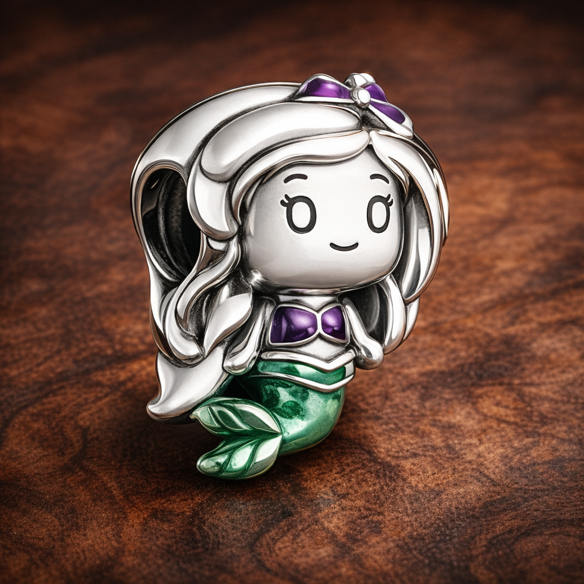 Ariel Mermaid Charm - Ariel Mermaid Mini Charm — display on walnut