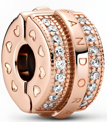 Rose Gold-Plated Double Band Clip Charm with Sparkling Stones and Hearts