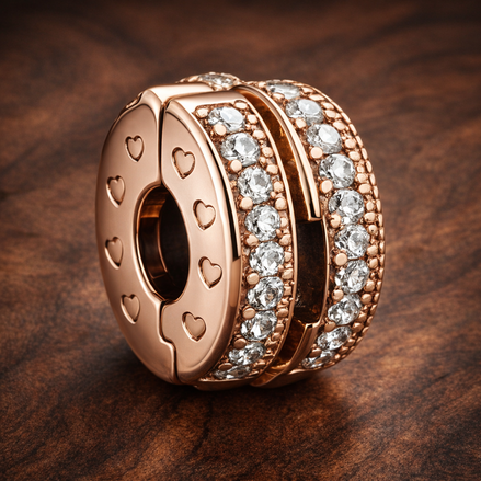Rose Pandora Spacer - Rose-Gold-Plated Pandora Crystal Spacer — display on walnut