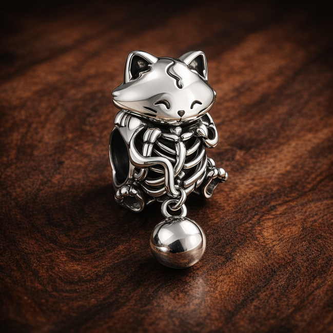 Kitten & Yarn Ball Charm — display on walnut