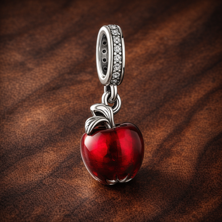 Snow White Apple Dangle - Snow White Red Apple Dangle — display on walnut