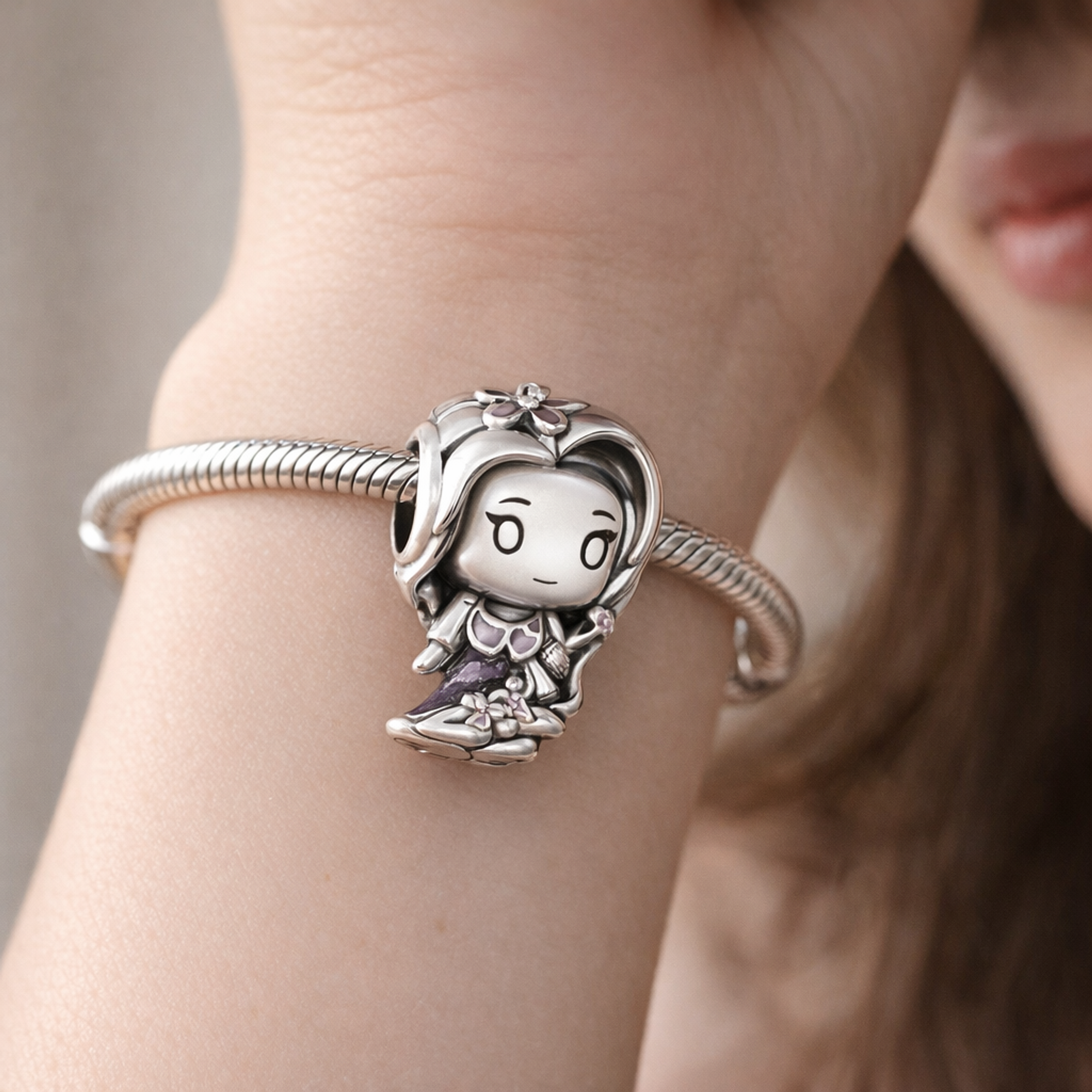 Rapunzel Mini Charm - Rapunzel Purple Dress Charm — worn on wrist