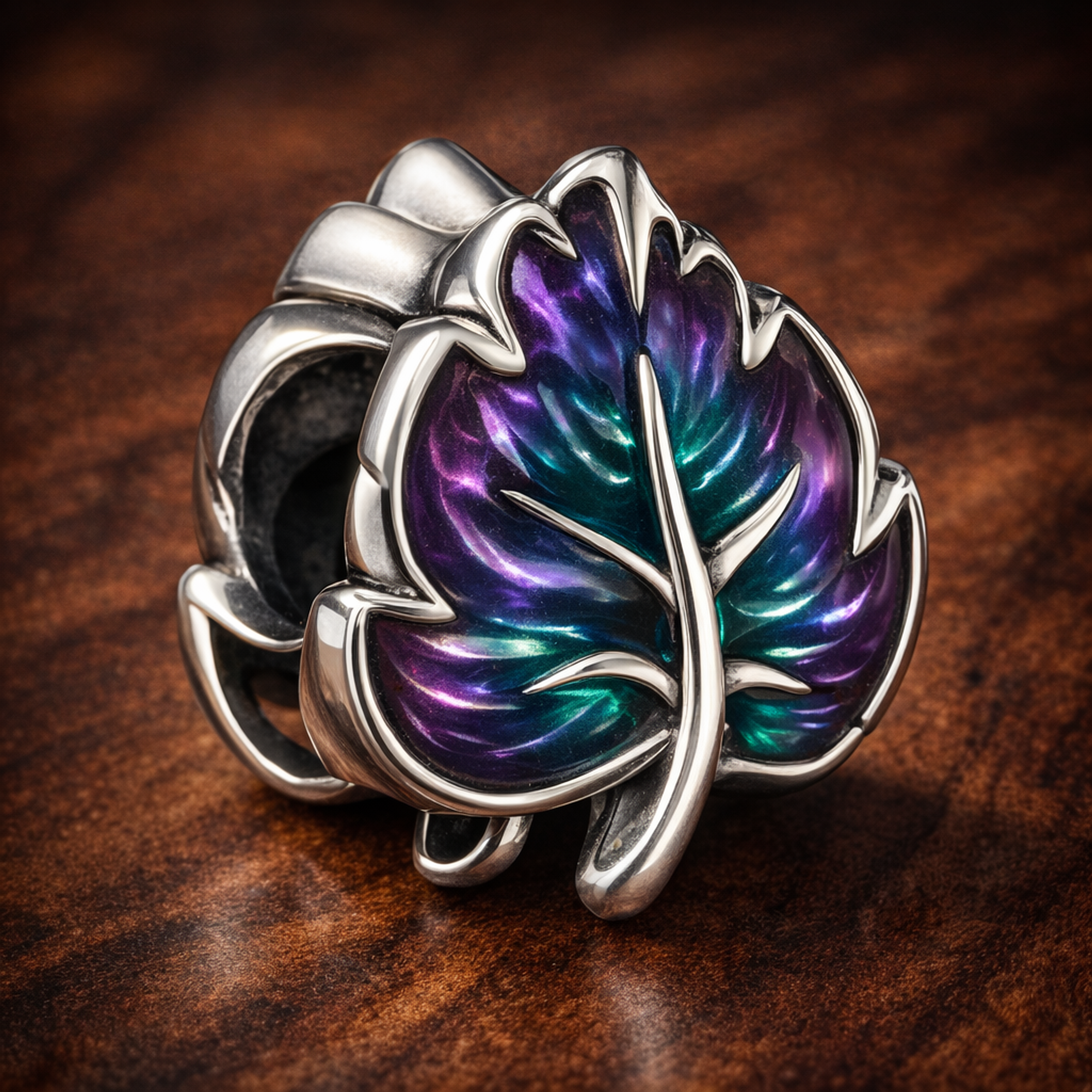 Iridescent Leaf Charm - Purple Teal Leaf Charm — display on walnut
