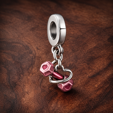 Dumbbell & Heart Dangle Charm — display on walnut