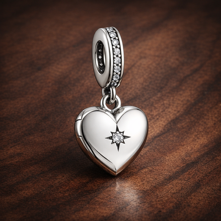 Silver Heart Dangle - Open Silver Heart Dangle Charm — display on walnut