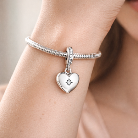 Silver Heart Dangle - Open Silver Heart Dangle Charm — worn on wrist