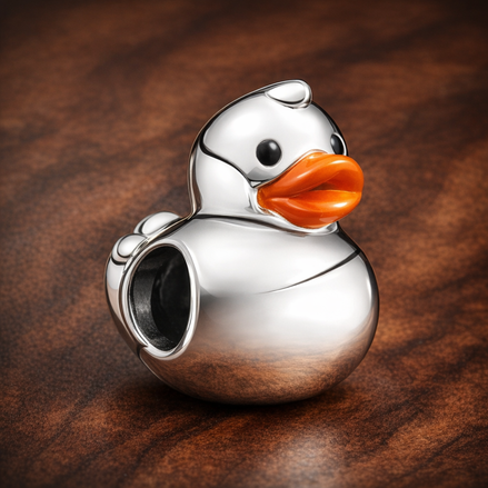 Rubber Duck Charm - Silver Yellow Rubber Duck Charm — display on walnut