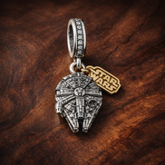 And Gold Plated Spaceship - Sterling Silver And Gold Plated Spaceship Dangle Charm With Sparkling Stones — display on walnut