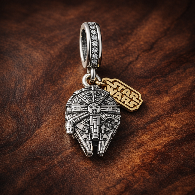 And Gold Plated Spaceship - Sterling Silver And Gold Plated Spaceship Dangle Charm With Sparkling Stones — display on walnut