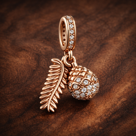 Rose Feather Acorn Dangle - Rose-Gold-Plated Feather and Acorn Dangle — display on walnut