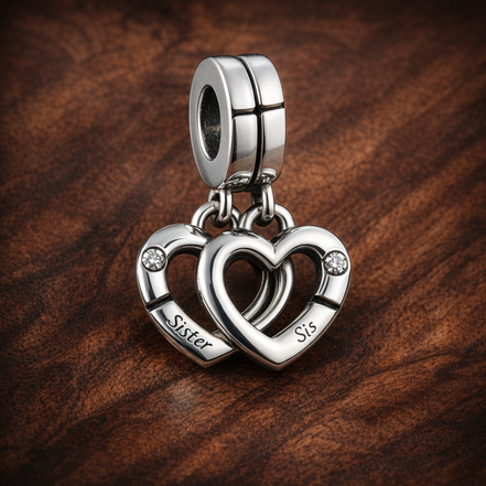 Linked Sister Hearts Split Dangle Charm — display on walnut