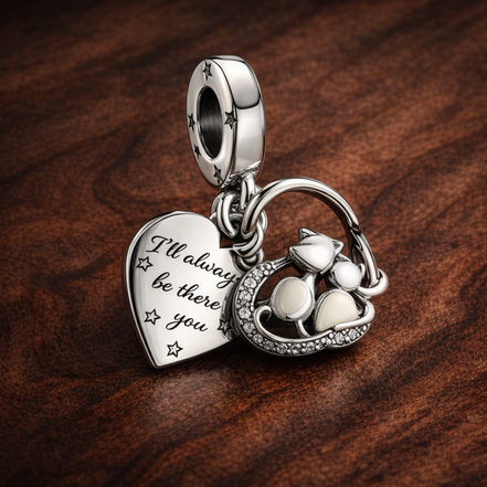 Cats & Hearts Dangle Charm — display on walnut