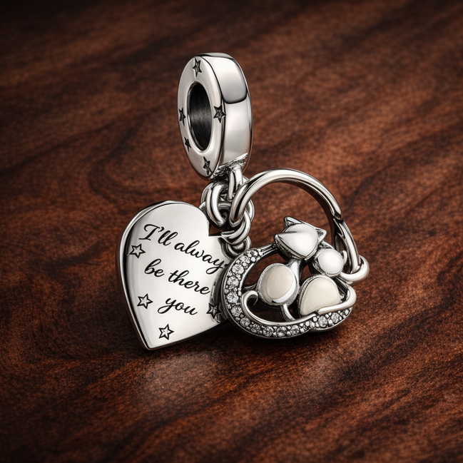 Cats & Hearts Dangle Charm — display on walnut