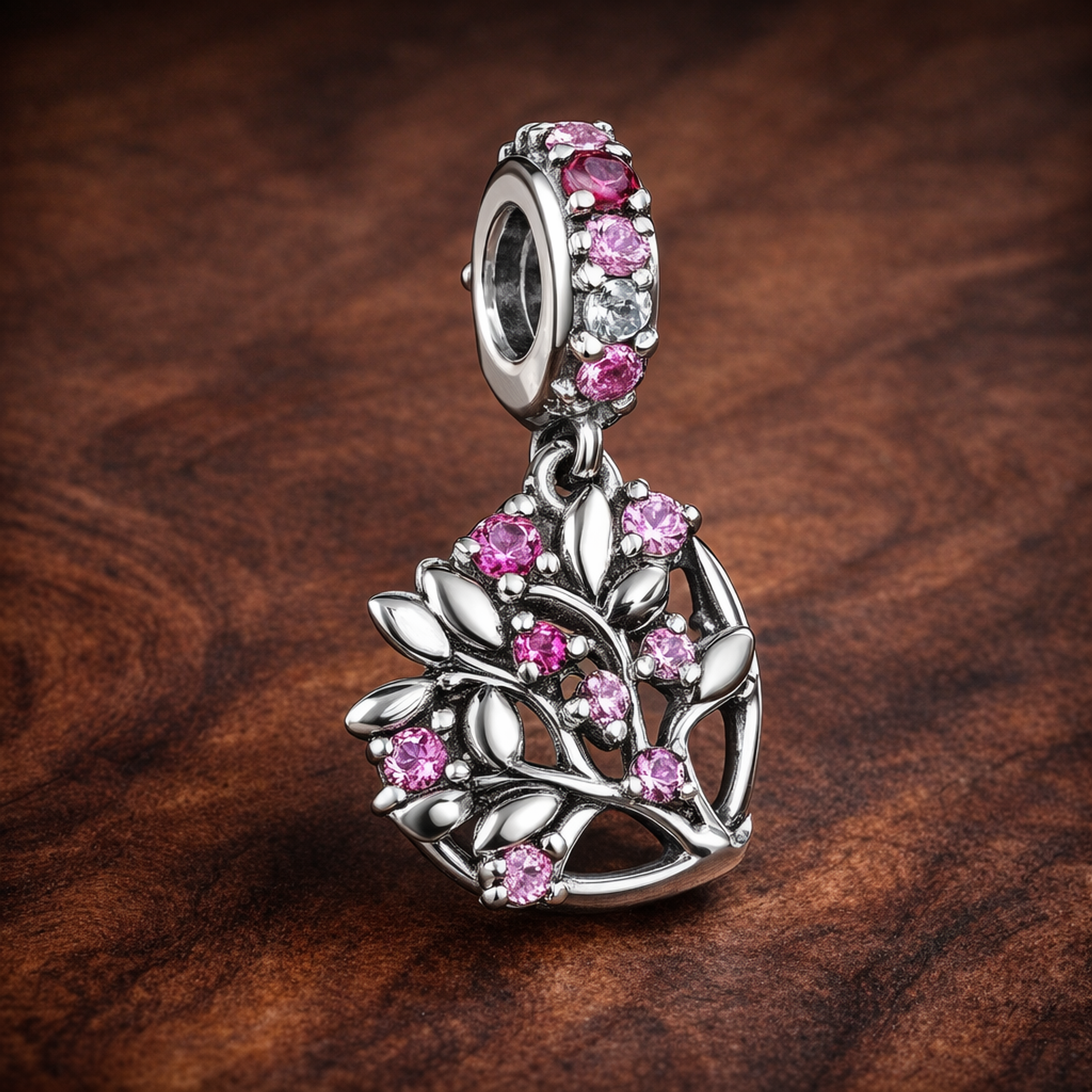 Pink Heart Family Tree Dangle Charm — display on walnut