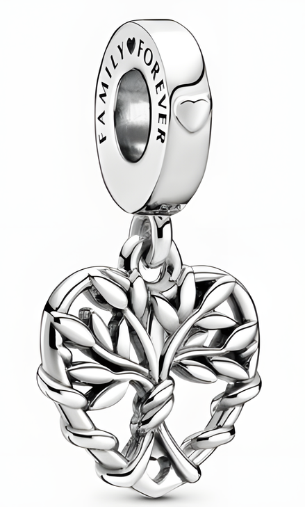 Sterling Silver Family Tree Heart Dangle Charm with Openwork Design